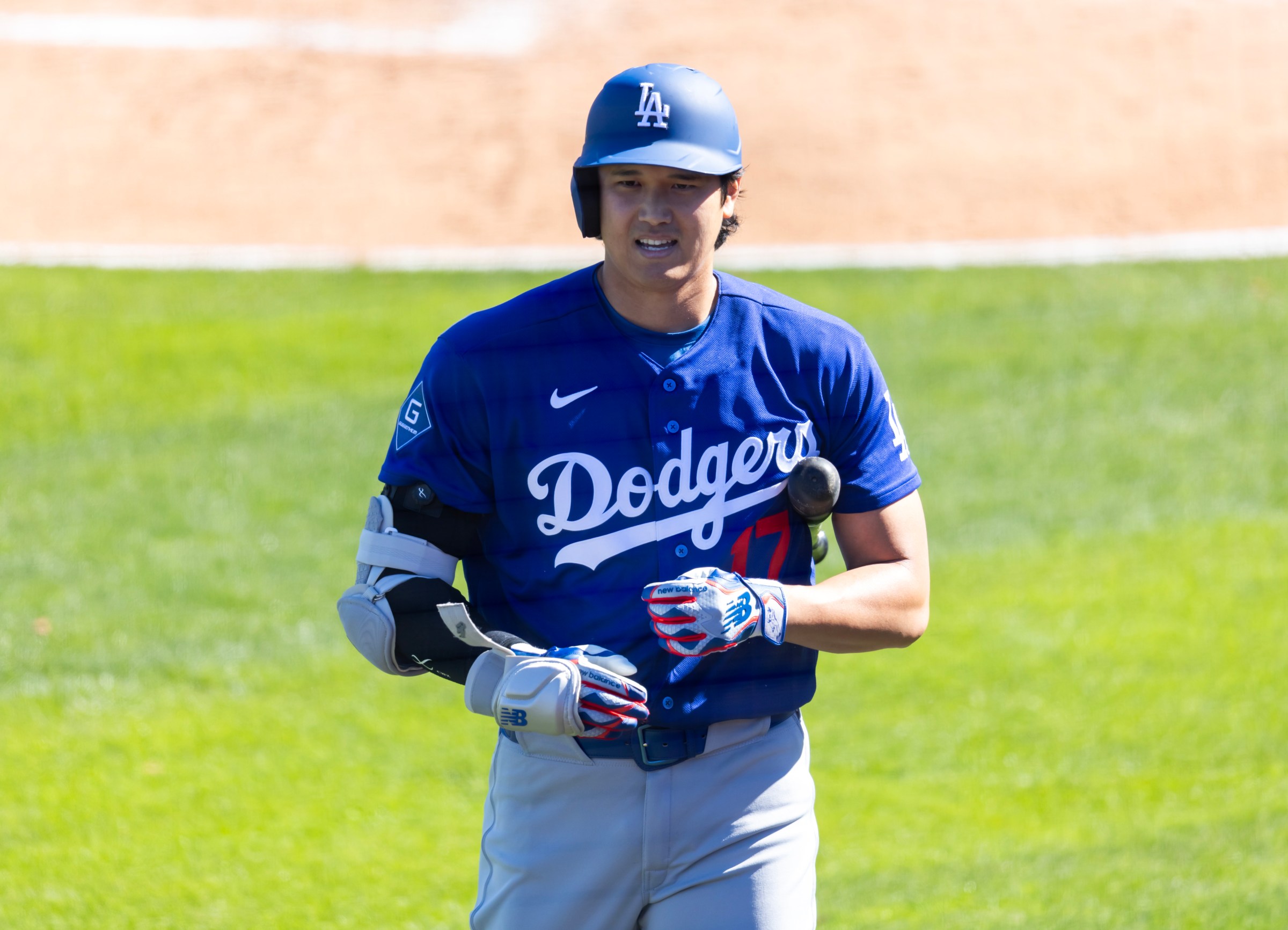 Feb 21, 2026; Tempe, Arizona, USA; Los Angeles Dodgers designated hitter Shohei Ohtani against the Los Angeles Angels during a spring training game at Tempe Diablo Stadium. Mandatory Credit: Mark J. Rebilas-Imagn Images