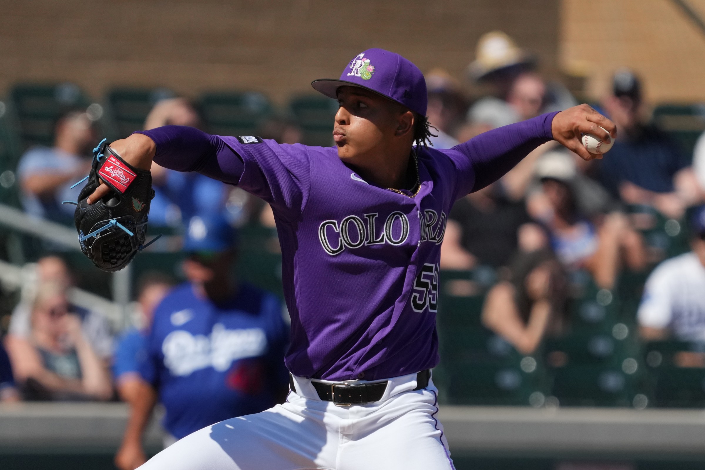 Mar 2, 2026; Salt River Pima-Maricopa, Arizona, USA; Colorado Rockies pitcher Welinton Herrera (59) throws against the Los Angeles Dodgers in the second inning at Salt River Fields at Talking Stick. Mandatory Credit: Rick Scuteri-Imagn Images