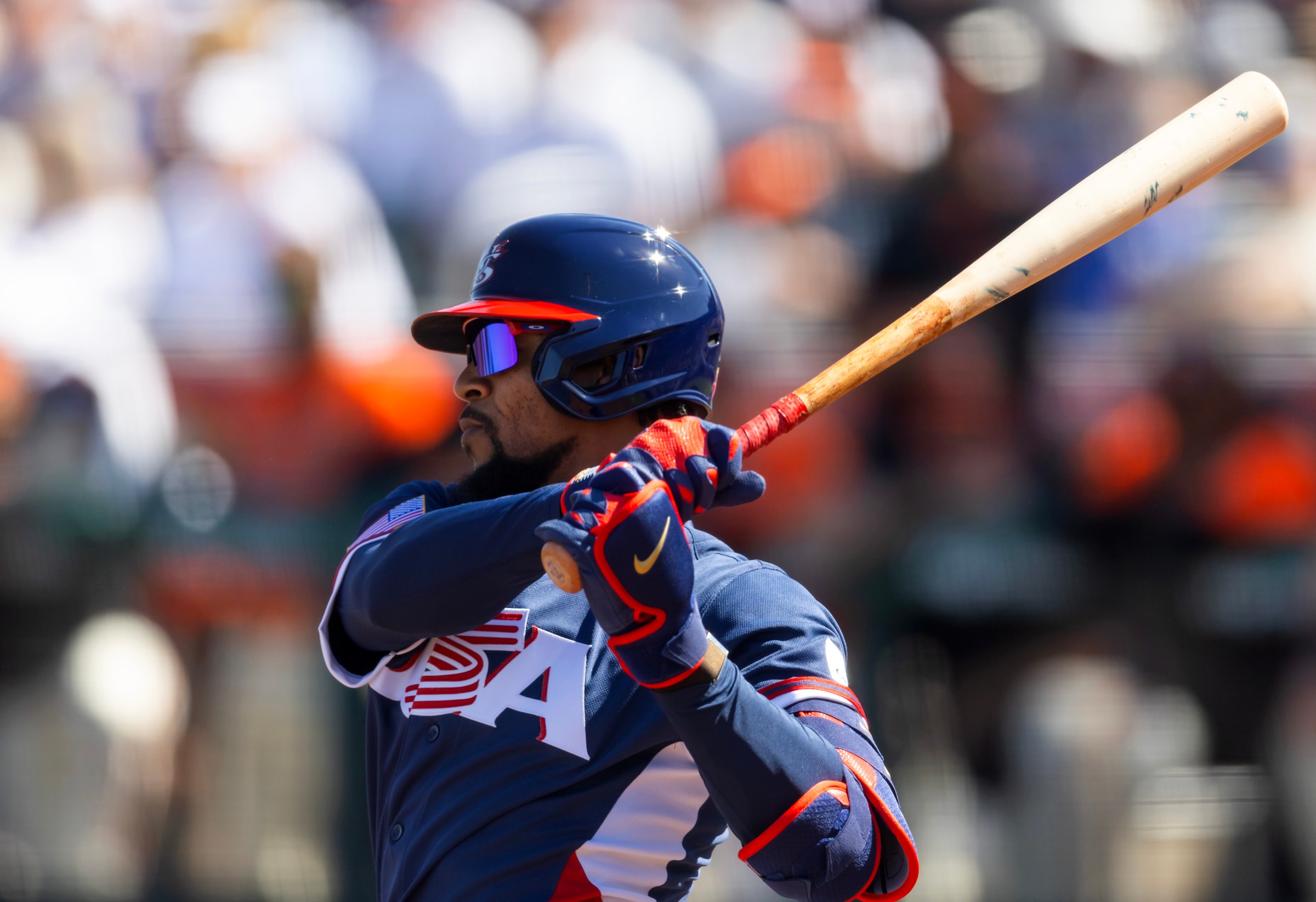 Mar 3, 2026; Scottsdale, AZ, USA; Team USA outfielder Byron Buxton against the San Francisco Giants during a spring training game at Scottsdale Stadium. Mandatory Credit: Mark J. Rebilas-Imagn Images