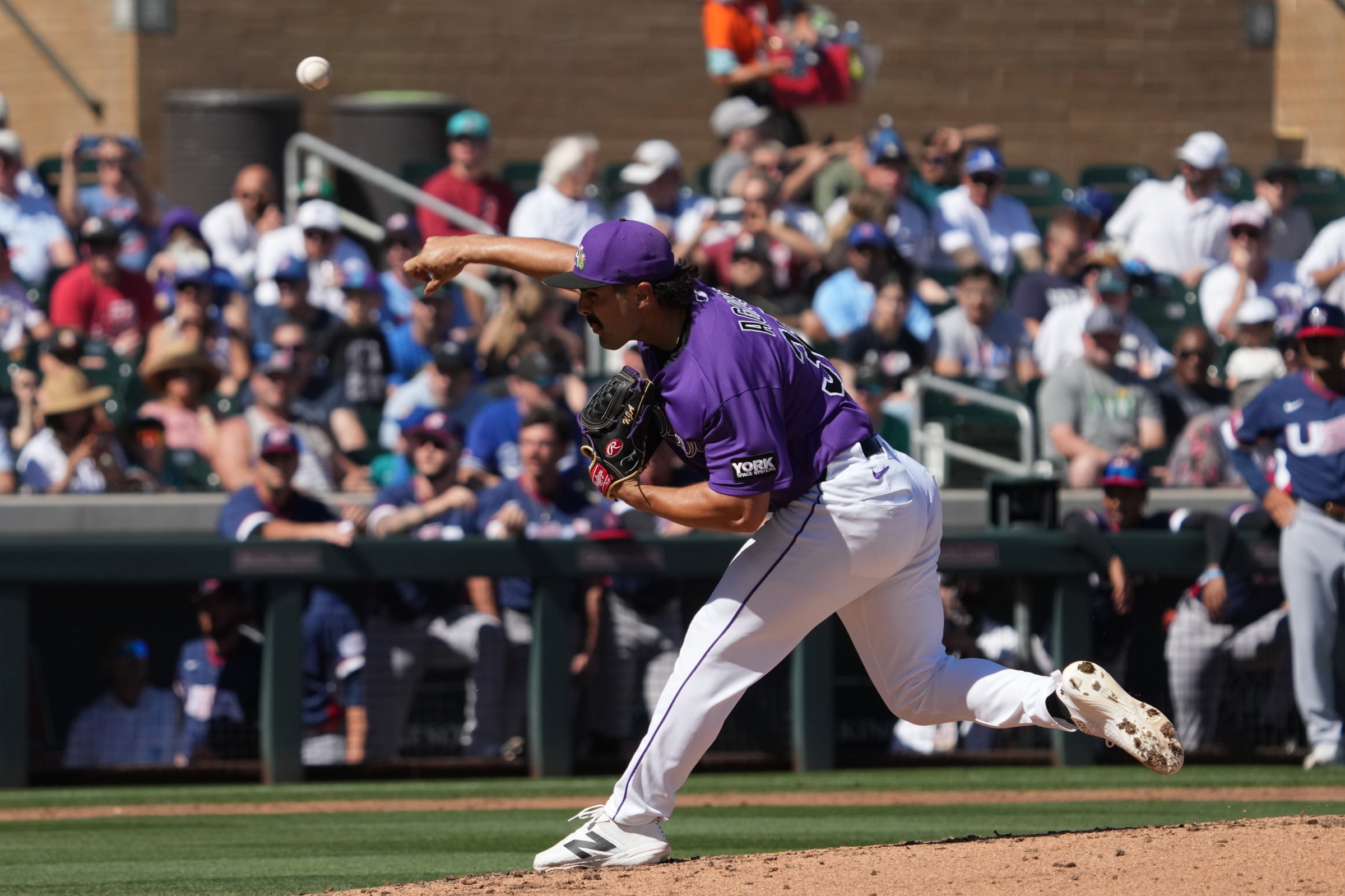 Mar 4, 2026; Scottsdale, AZ, USA; Colorado Rockies pitcher Zach Agnos (36) throws against the United States in the third inning at Salt River Fields. Mandatory Credit: Rick Scuteri-Imagn Images