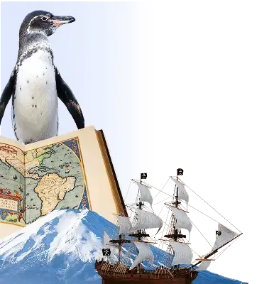 Penguin, ship, mountain, atlas