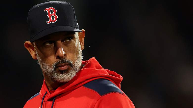 Red Sox manager Alex Cora reacts during a game as a once-promising prospect is released.