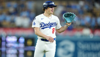 Apr 29, 2025; Los Angeles, California, USA; Los Angeles Dodgers first baseman Kike Hernandez (8) pitches in the ninth inning against the Miami Marlins at Dodger Stadium. Mandatory Credit: Kirby Lee-Imagn Images