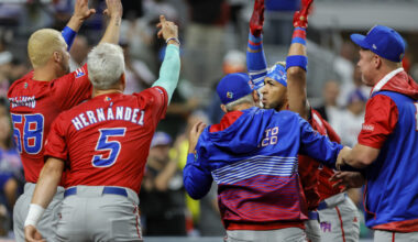 Mar 17, 2023; Miami, Florida, USA; Puerto Rico left fielder Eddie Rosario (17) celebrates with center fielder Enrique Hernandez (5) and pitcher Alex Claudio (58) after hitting a home run during the first inning against Mexico at LoanDepot Park. Mandatory Credit: Sam Navarro-USA TODAY Sports