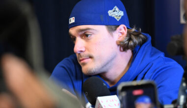 Oct 23, 2025; Toronto, ON, Canada; Los Angeles Dodgers first baseman Kike Hernandez (8) speaks to the media during media day and team workouts at Rogers Centre. Mandatory Credit: Dan Hamilton-Imagn Images