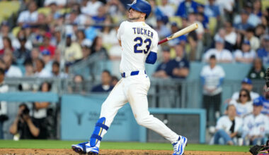 Mar 26, 2026; Los Angeles, California, USA; Los Angeles Dodgers right fielder Kyle Tucker (23) bats against the Arizona Diamondbacks at Dodger Stadium. Mandatory Credit: Kirby Lee-Imagn Images