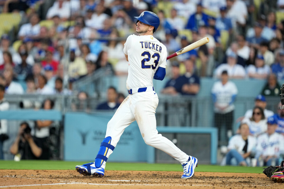 Mar 26, 2026; Los Angeles, California, USA; Los Angeles Dodgers right fielder Kyle Tucker (23) bats against the Arizona Diamondbacks at Dodger Stadium. Mandatory Credit: Kirby Lee-Imagn Images