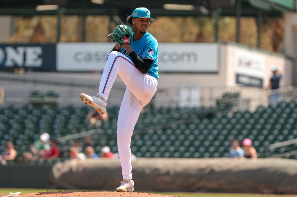Miami Marlins pitcher Eury Perez delivering a pitch during a game against the Washington Nationals.