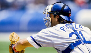 Los Angeles Dodgers catcher Mike Piazza in action during the 1996 season.