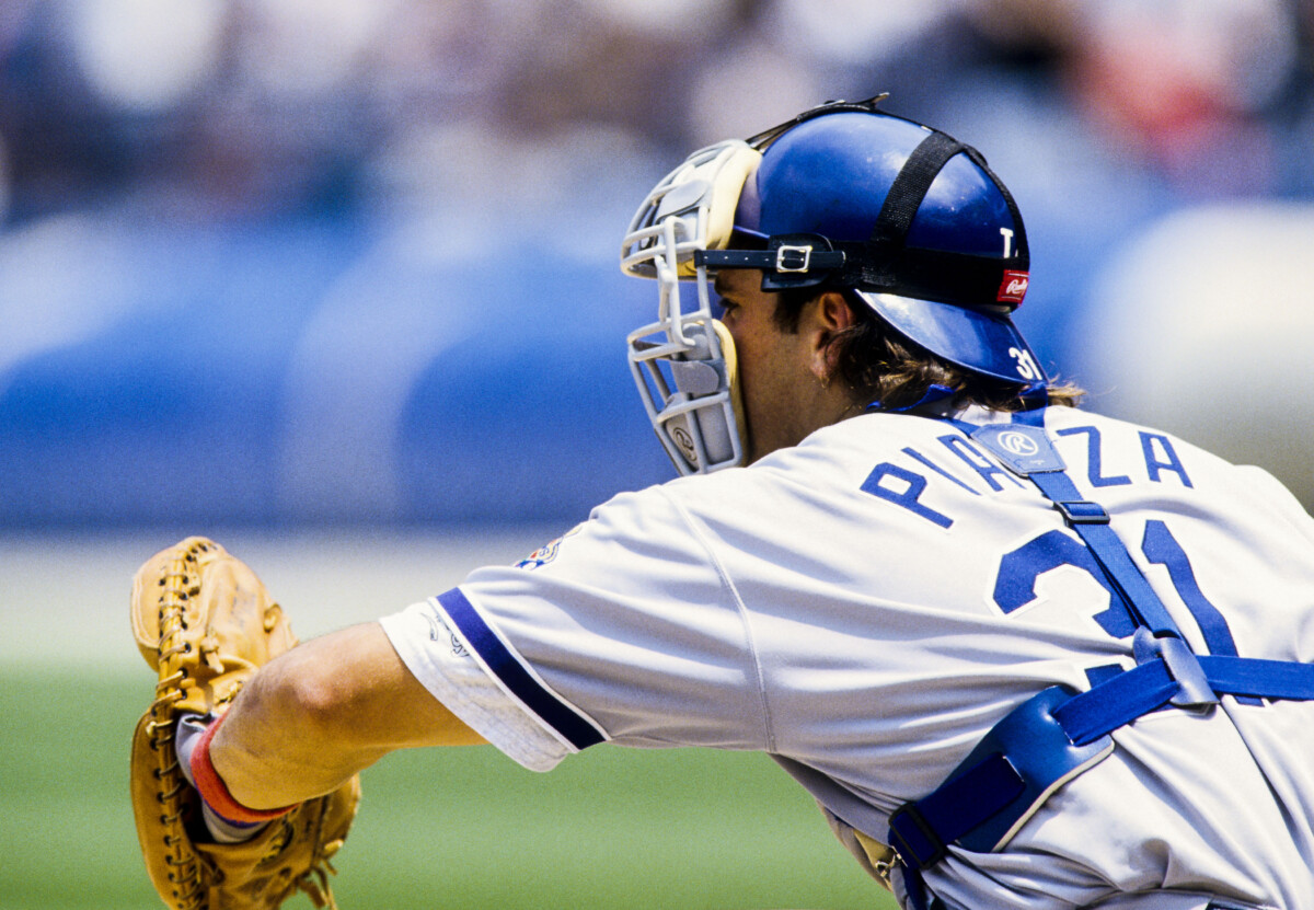 Los Angeles Dodgers catcher Mike Piazza in action during the 1996 season.