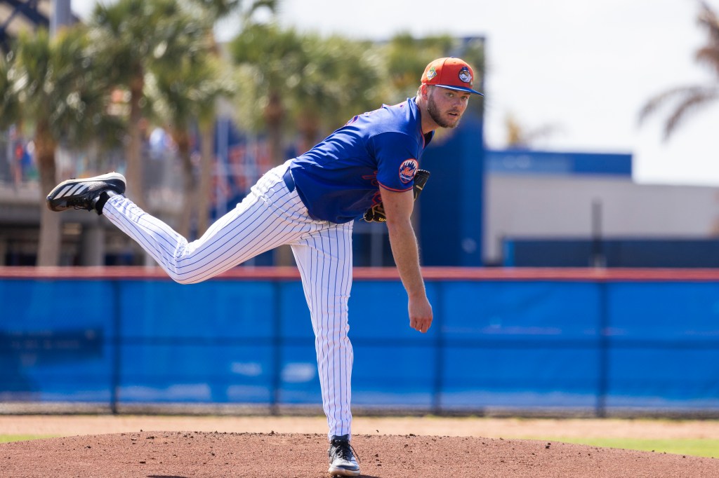 New York Mets pitcher Christian Scott throwing live batting practice during Spring Training.