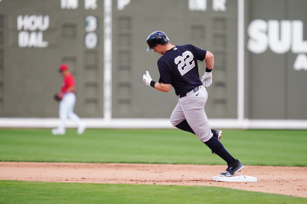 Yankees first baseman Ben Rice (22) rounds second base after hitting a solo home run in the fifth inning against the Boston Red Sox at JetBlue Park at Fenway South.