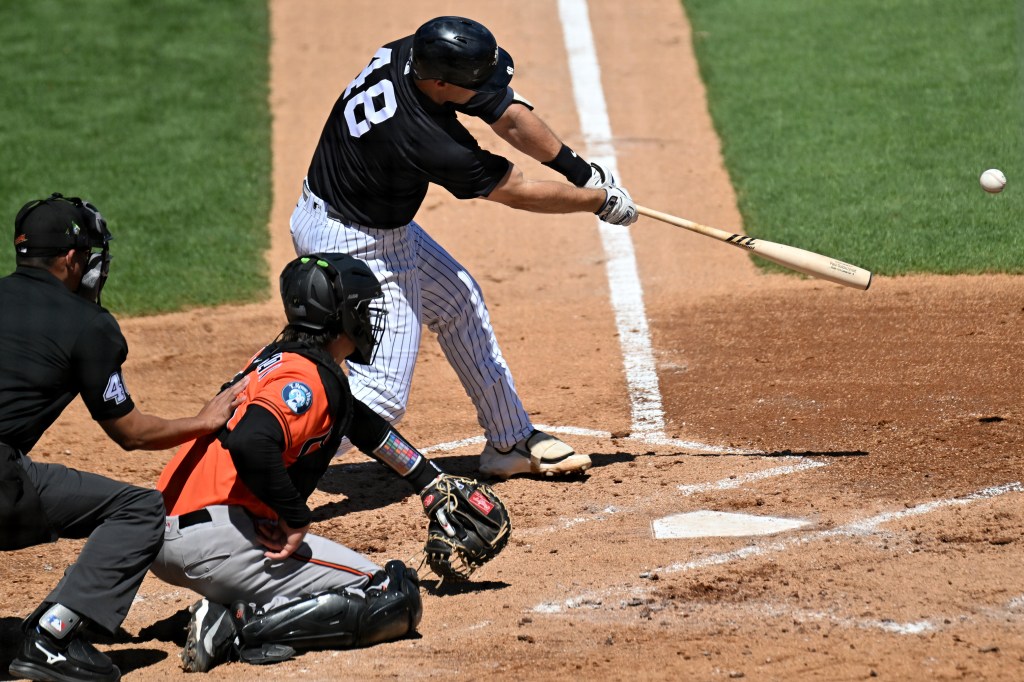 New York Yankees first baseman Paul Goldschmidt (48) hits a single.