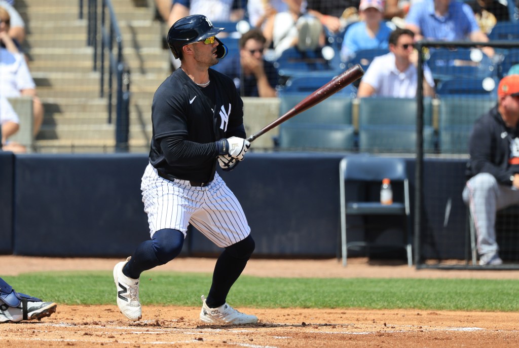New York Yankees outfielder Randal Grichuk (34) singles during the first inning against the Detroit Tigers.