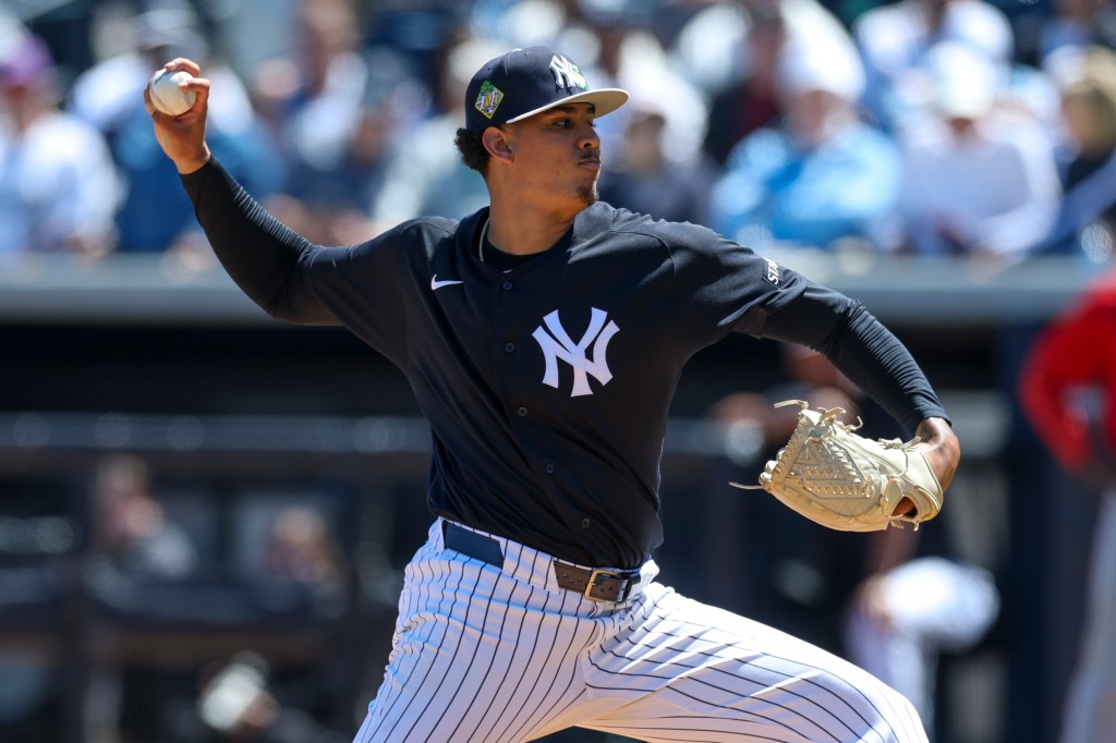 New York Yankees pitcher Carlos Lagrange (84) throws a pitch during spring training.