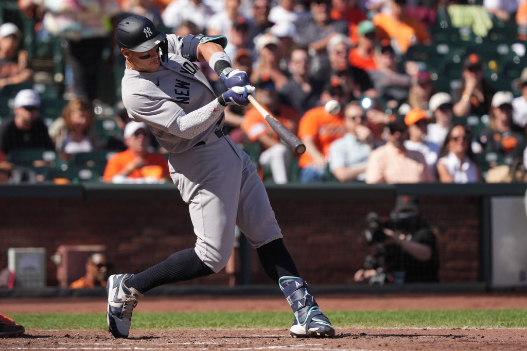 Aaron Judge hits a home run during the Yankees-Giants game on March 27, 2026. 