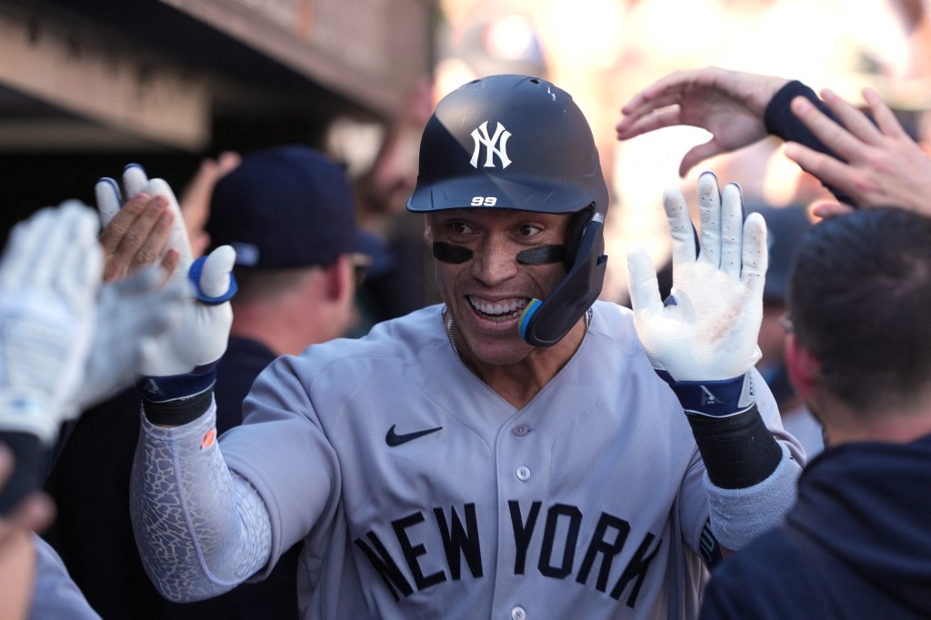 Aaron Judge celebrates during the Yankees-Giants game on March 27, 2026. 