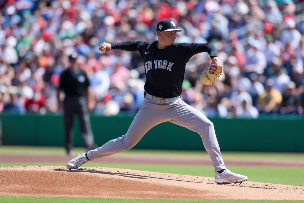 New York Yankees starting pitcher Will Warren (98) throws a pitch against the Philadelphia Phillies.
