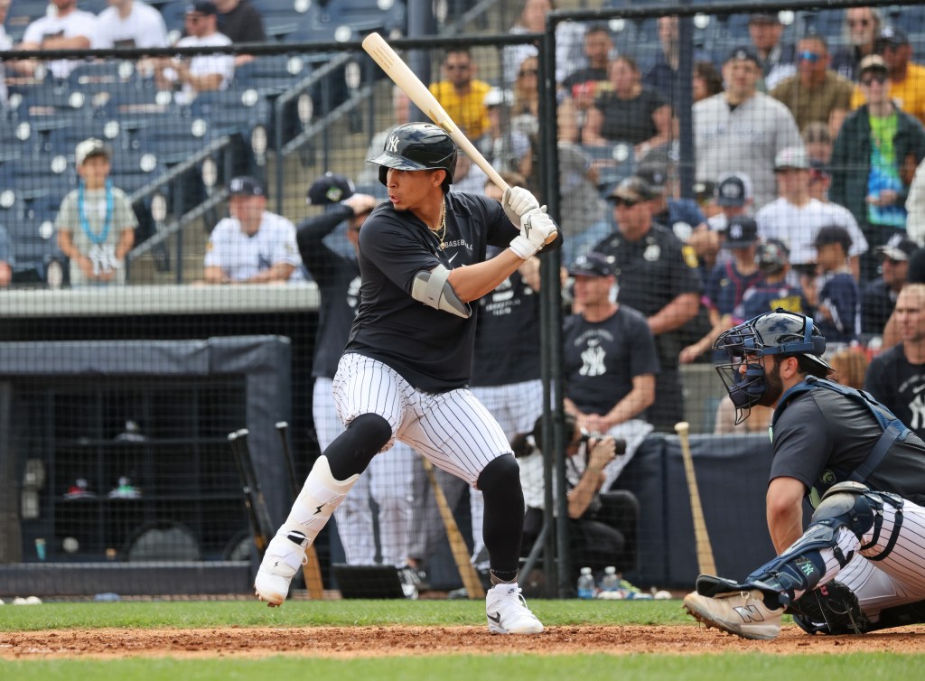 Oswaldo Cabrera #95, at bat during live batting at Steinbrenner Field, the Yankees Spring Training home in Tampa, Florida.