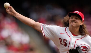 Cincinnati Reds pitcher Rhett Lowder throws during the first inning of a baseball game between the Cincinnati Reds and the Boston Red Sox in Cincinnati, Sunday, March 29, 2026. (AP Photo/Carolyn Kaster)