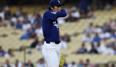Mar 23, 2026; Los Angeles, California, USA; Los Angeles Dodgers pitcher Roki Sasaki (11) reacts after allowing a walk during the first inning against the Los Angeles Angels at Dodger Stadium. Mandatory Credit: Kiyoshi Mio-Imagn Images