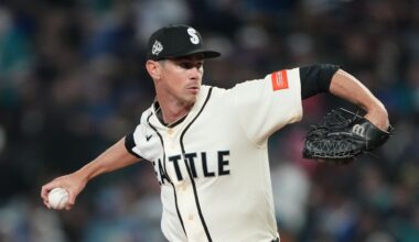 Seattle Mariners starting pitcher Emerson Hancock throws against the Cleveland Guardians during the third inning of a baseball game, Sunday, March 29, 2026, in Seattle. (AP Photo/Lindsey Wasson)