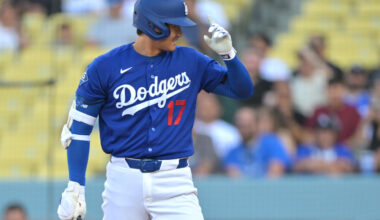 Mar 24, 2026; Los Angeles, California, USA; Los Angeles Dodgers two-way player Shohei Ohtani (17) at bat in the first inning against the Los Angeles Angels at Dodger Stadium. Mandatory Credit: Jayne Kamin-Oncea-Imagn Images