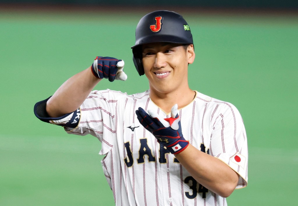 Japan's Masataka Yoshida reacts during a World Baseball Classic game.