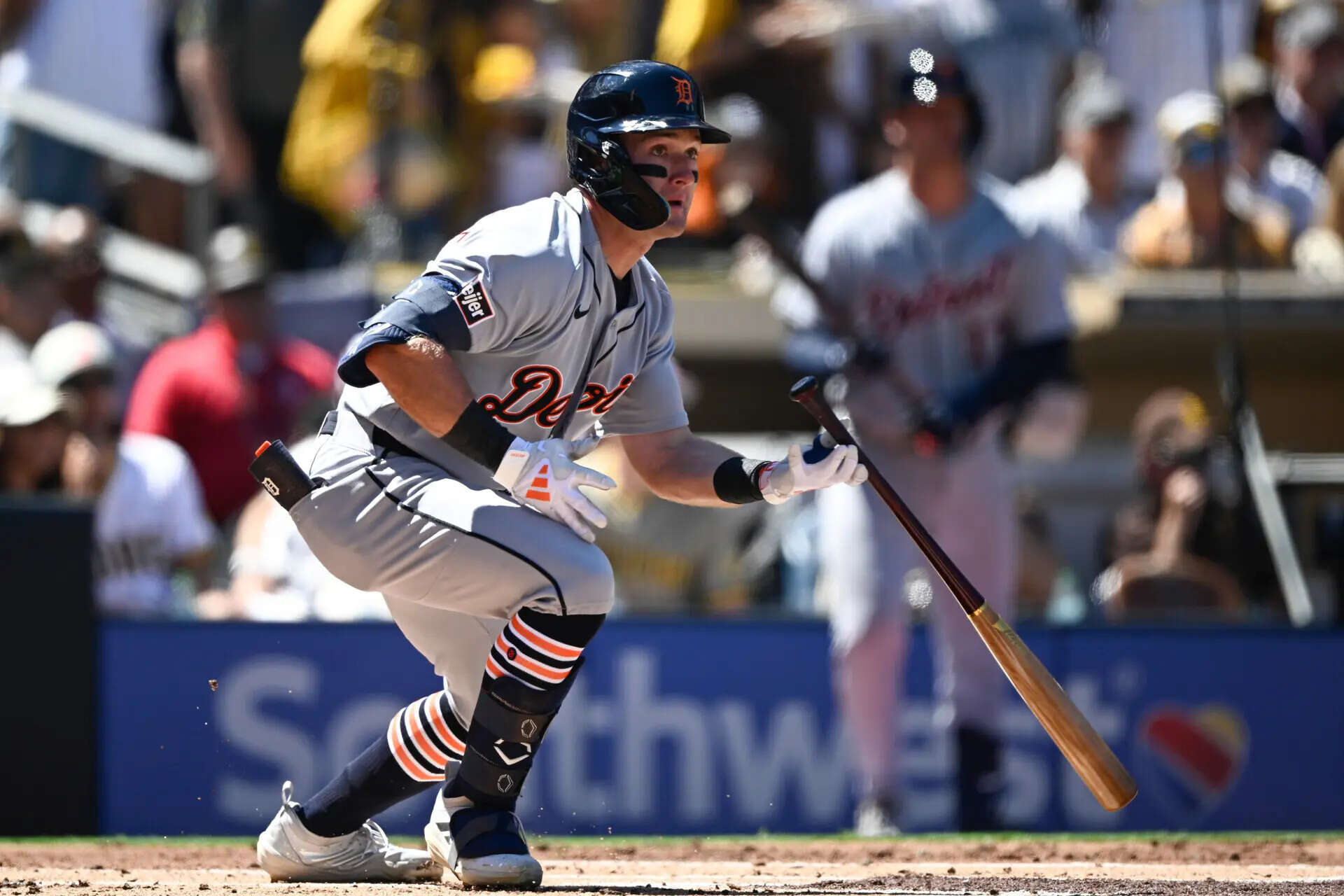 Detroit Tigers' Kevin McGonigal (7) hits an RBI double during the first inning of an opening-day baseball game (Image via AP Photo) Tigers Padres Baseball