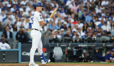 Oct 29, 2025; Los Angeles, California, USA; Los Angeles Dodgers second baseman Tommy Edman (25) looks on after striking out during the second inning against the Toronto Blue Jays during game five of the 2025 MLB World Series at Dodger Stadium. Mandatory Credit: Kiyoshi Mio-Imagn Images