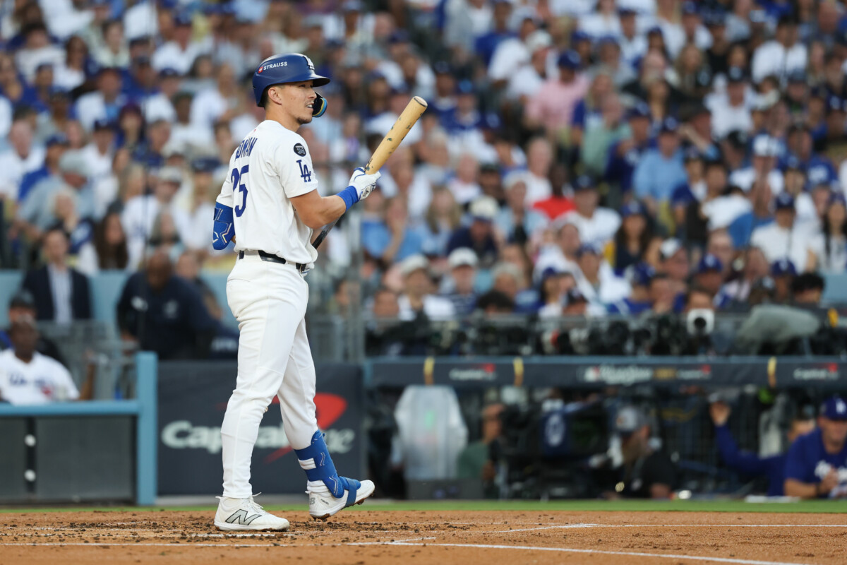 Oct 29, 2025; Los Angeles, California, USA; Los Angeles Dodgers second baseman Tommy Edman (25) looks on after striking out during the second inning against the Toronto Blue Jays during game five of the 2025 MLB World Series at Dodger Stadium. Mandatory Credit: Kiyoshi Mio-Imagn Images