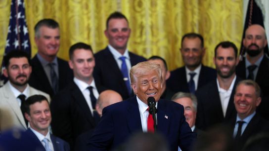 President Donald Trump speaks during a ceremony honoring the members of the 2024 World Series Champion Los Angeles Dodgers in the East Room at the White House. 