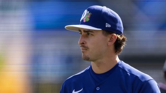 Los Angeles Dodgers pitcher Justin Wrobleski against the Cleveland Guardians during a spring training game at Camelback Ranch-Glendale. 
