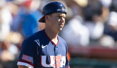 Mar 3, 2026; Scottsdale, AZ, USA; Team USA catcher Will Smith against the San Francisco Giants during a spring training game at Scottsdale Stadium. Mandatory Credit: Mark J. Rebilas-Imagn Images