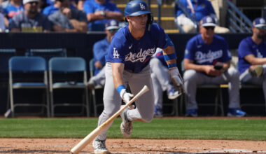 Mar 9, 2026; Phoenix, Arizona, USA; Los Angeles Dodgers outfielder Zach Ehrhard (99) hits against the Milwaukee Brewers in the third inning at American Family Fields of Phoenix. Mandatory Credit: Rick Scuteri-Imagn Images