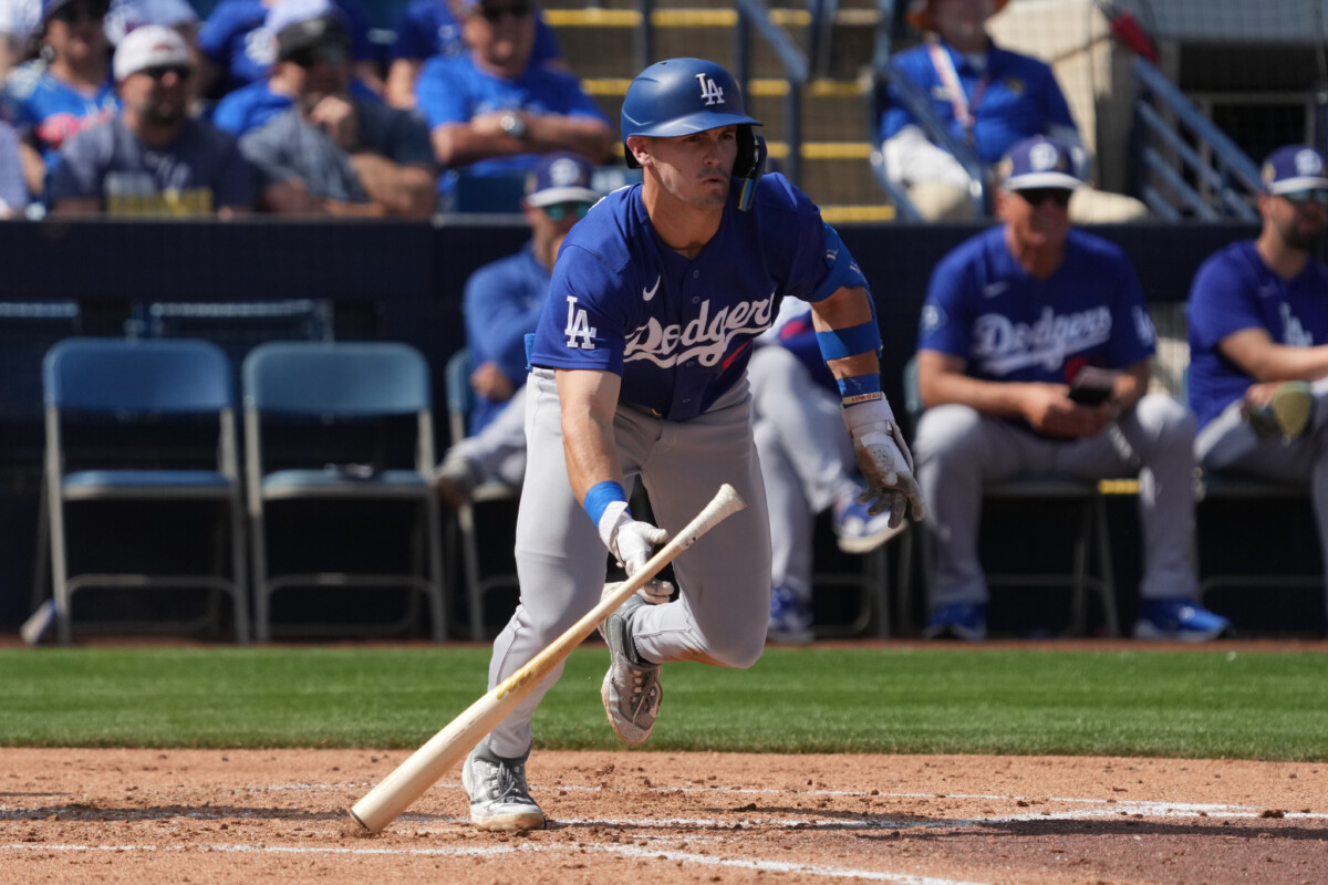 Mar 9, 2026; Phoenix, Arizona, USA; Los Angeles Dodgers outfielder Zach Ehrhard (99) hits against the Milwaukee Brewers in the third inning at American Family Fields of Phoenix. Mandatory Credit: Rick Scuteri-Imagn Images