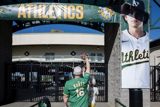 Nate McGuire and his son Declan were first in line to enter Sutter Health Park on Opening Day for the Athletics against the Houston Astros on Friday in West Sacramento.