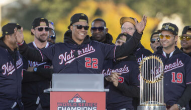 Nov 2, 2019; Washington, DC, USA; Washington Nationals left fielder Juan Soto (22) at World Series Championship Parade. Mandatory Credit: Brad Mills-Imagn Images
