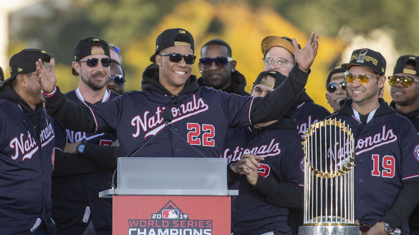 Nov 2, 2019; Washington, DC, USA; Washington Nationals left fielder Juan Soto (22) at World Series Championship Parade. Mandatory Credit: Brad Mills-Imagn Images