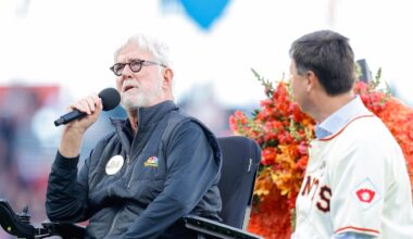 Jun 24, 2024; San Francisco, California, USA; Mike Krukow speaks during a tribute to Willie Mays before the game between the San Francisco Giants and the Chicago Cubs at Oracle Park. Mandatory Credit: Sergio Estrada-Imagn Images