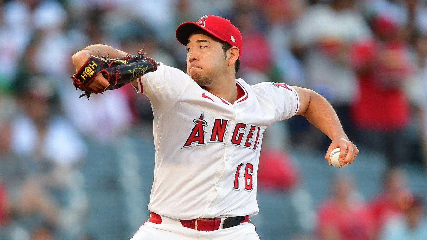 Los Angeles Angels pitcher Yusei Kikuchi (16) throws