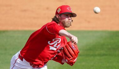 Cincinnati Reds pitcher Pierce Johnson (52) throws a pitch in the fifth inning of a Cactus League game between the Cincinnati Reds and Kansas City Royals, Tuesday, Feb. 24, 2026, at Goodyear Ballpark in Goodyear, Ariz.