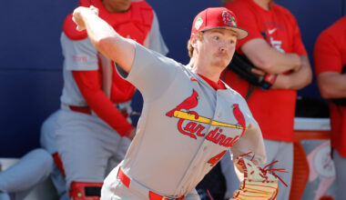 Feb 16, 2026; Jupiter, FL, USA;  St. Louis Cardinals pitcher Hunter Dobbins (40) throws a pitch during spring training workouts at Roger Dean Stadium. Mandatory Credit: Reinhold Matay-Imagn Images
