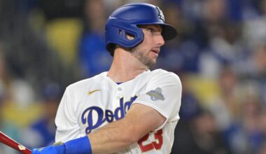 Mar 27, 2026; Los Angeles, California, USA; Los Angeles Dodgers right fielder Kyle Tucker (23) hits an RBI single against the Arizona Diamondbacks in the eighth inning at Dodger Stadium. Mandatory Credit: Jayne Kamin-Oncea-Imagn Images