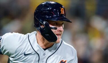 Mar 27, 2026; San Diego, California, USA; Detroit Tigers third baseman Kevin McGonigle (7) hits a two-run single during the eighth inning against the San Diego Padres at Petco Park. Mandatory Credit: David Frerker-Imagn Images