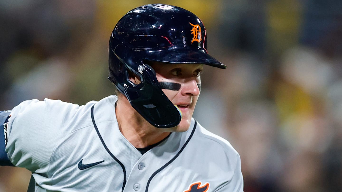 Mar 27, 2026; San Diego, California, USA; Detroit Tigers third baseman Kevin McGonigle (7) hits a two-run single during the eighth inning against the San Diego Padres at Petco Park. Mandatory Credit: David Frerker-Imagn Images