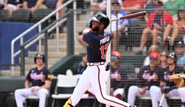 Feb 27, 2026; North Port, Florida, USA; Atlanta Braves designated hitter Jurickson Profar (17) bats in the first inning against the Boston Red Sox during spring training at CoolToday Park. Mandatory Credit: Jonathan Dyer-Imagn Images
