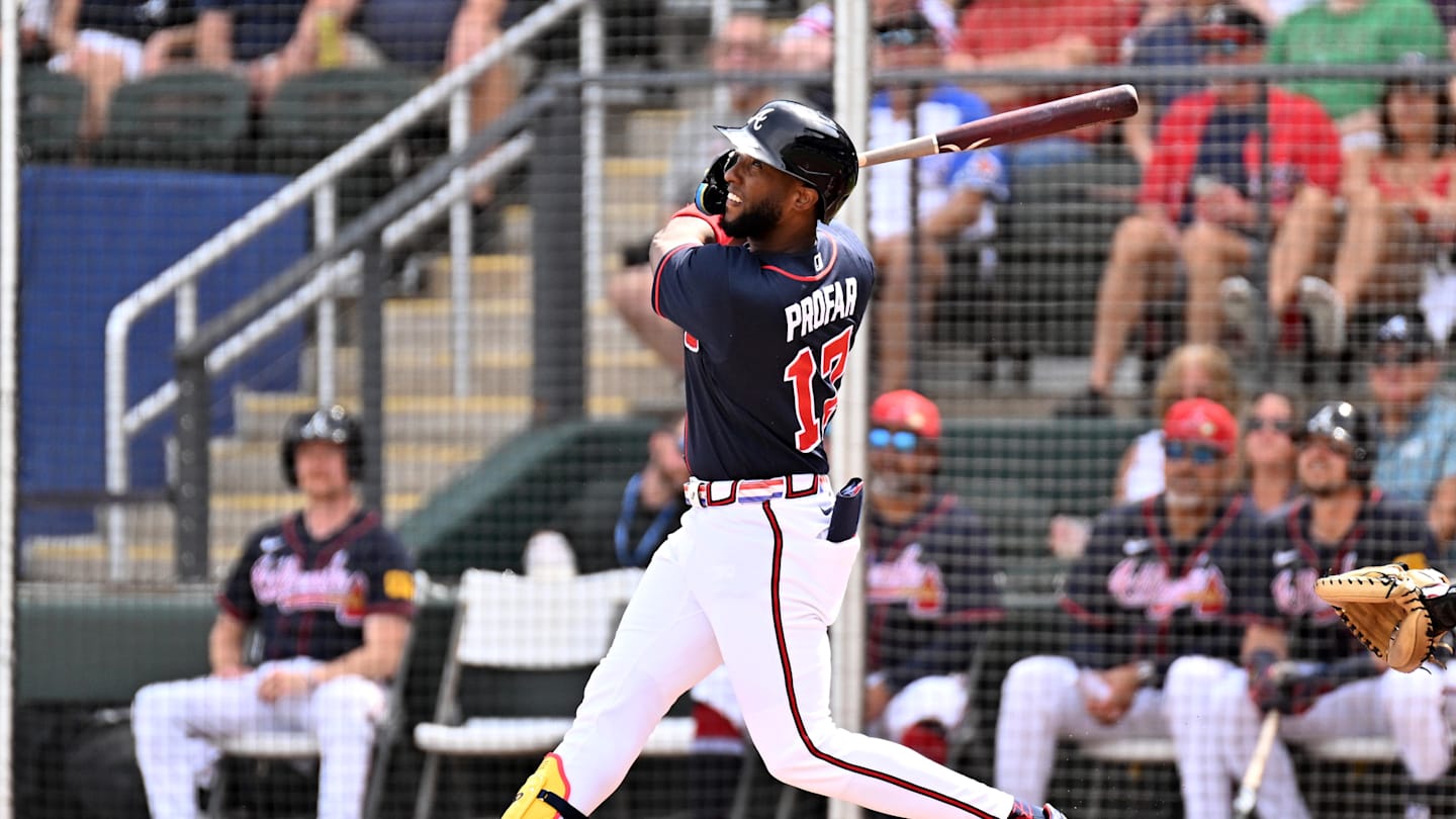 Feb 27, 2026; North Port, Florida, USA; Atlanta Braves designated hitter Jurickson Profar (17) bats in the first inning against the Boston Red Sox during spring training at CoolToday Park. Mandatory Credit: Jonathan Dyer-Imagn Images