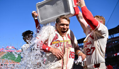 Mar 28, 2026; St. Louis, Missouri, USA; St. Louis Cardinals shortstop JJ Wetherholt (26) is doused with water by shortstop Masyn Winn (0) and left fielder Nathan Church (27) after hitting a walk-off two run single against the Tampa Bay Rays during the tenth inning at Busch Stadium. Mandatory Credit: Jeff Curry-Imagn Images