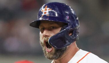 Mar 28, 2026; Houston, Texas, USA; Houston Astros first baseman Christian Walker (8) reacts after hitting an RBI single against the Los Angeles Angels in the sixth inning at Daikin Park. Mandatory Credit: Thomas Shea-Imagn Images